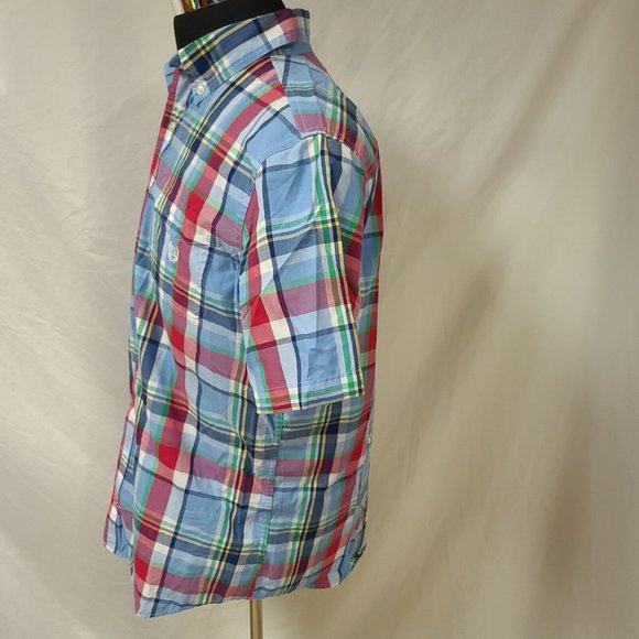Chaps Easy Care Mens Large blue Plaid Short Sleeve Button Up Shirt - Picture 9 of 12